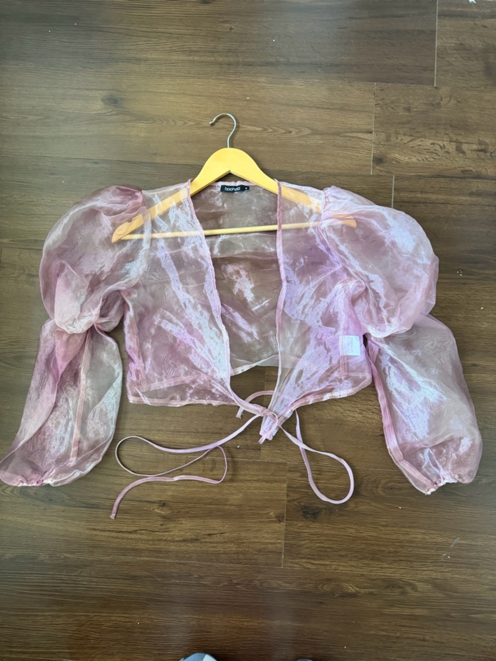 Boohoo Sheer Dusty Pink Puff-Sleeve Tie-Front Crop Top